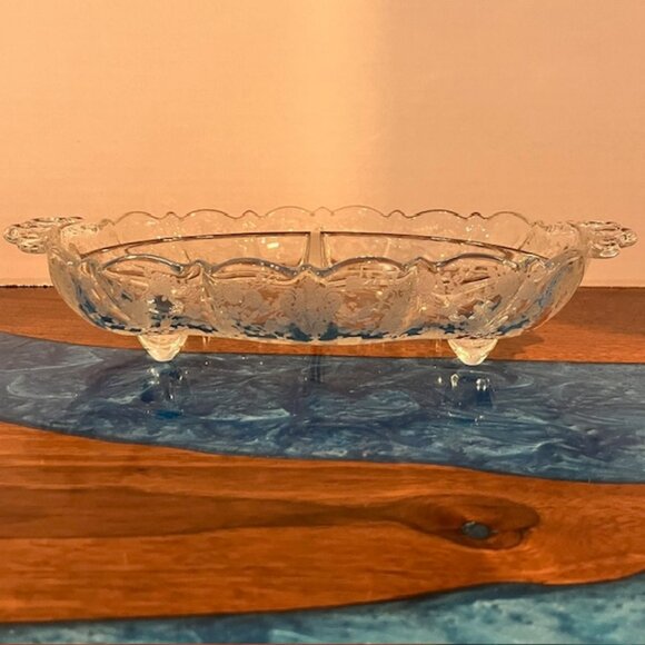 Cambridge Rose Point Etched Glass Divided 3 Part Footed Relish Dish with Handles - Picture 5 of 6